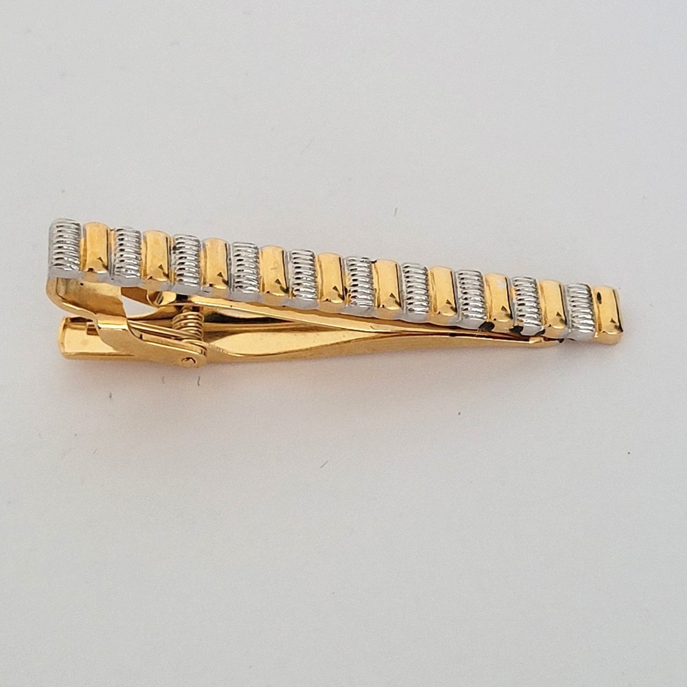 Givenchy Vintage Two Tone Gold Silver Ribbed Textured Tie Clip Mens‎ Accessory